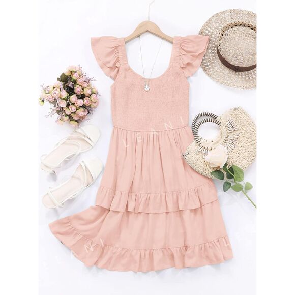 Ruffle Pink Boho Smocked Babydoll Mini Dress Flowy Beach Sundress Sz M - Picture 4 of 8